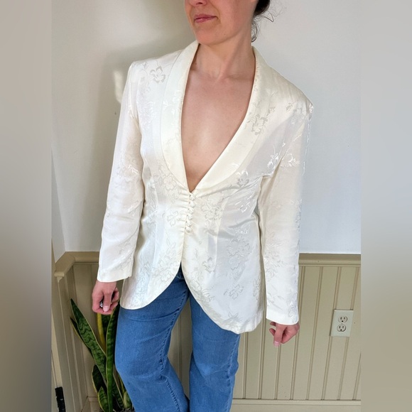 Vintage Ivory Brocade Blazer M/L Coquette Bridal Cottagecore Puff Sleeve ILGWU - Picture 4 of 16